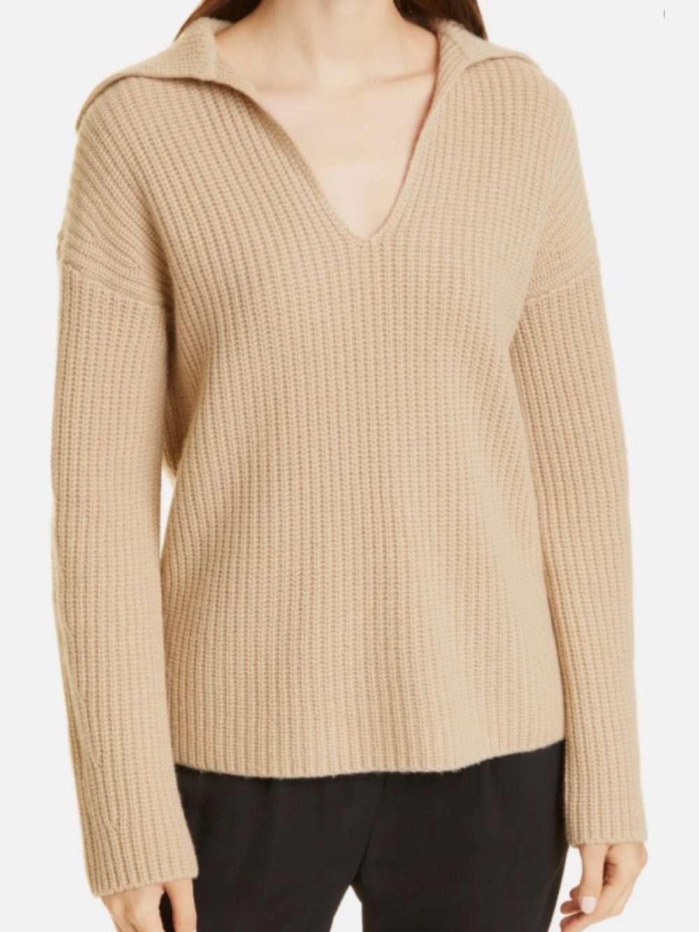 VINCE V-NECK COLLARED RIBBED WOOL & CASHMERE SWEATER - S